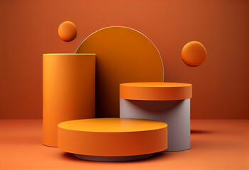 Poster - 3D bright orange podium pedestal steps for brand promotion product. Creative minimal background for advertising presentation. Stand base mockup. Summer colors