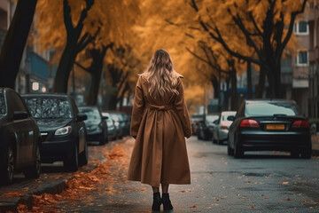 Wall Mural - Blonde woman wearing long brown fancy coat. Autumn casual fashion street style. Back view