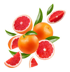 Wall Mural - Grapefruit isolated. Grapefruit levitation, fruit slices and green leaves on a transparent background.