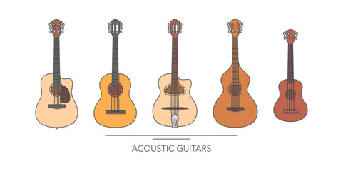 Acoustic guitar set. Outline colorful guitars on white background. Vector illustration.