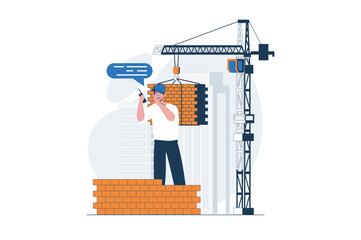Aufkleber - Construction engineer web concept with character scene. Man worker loading bricks with crane at building site. People situation in flat design. Vector illustration for social media marketing material.