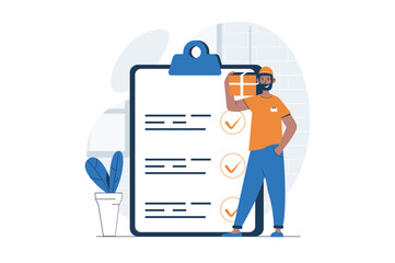 Poster - Delivery service web concept with character scene. Man holding cardboard box and check information in list. People situation in flat design. Vector illustration for social media marketing material.