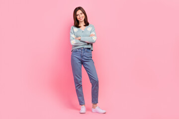 Wall Mural - full size body photo of cute lady posing camera with folded arms wear cardigan jeans sneakers isolat