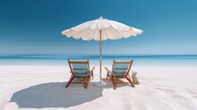 Beach Chairs And An Umbrella On A White Sand Beach. Generative AI