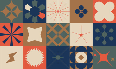 Aufkleber - Abstract geometric pattern with silhouette basic figures, aesthetics of brutalism design, pastel colored artwork composition minimalistic vector seamless mosaic banner