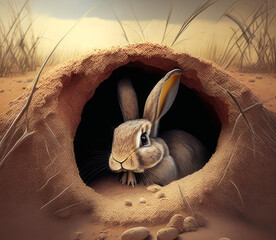 Wall Mural - A cute wild hare sits in a hole in a field. Generative AI