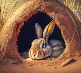 Wall Mural - A cute wild hare sits in a hole in a field. Generative AI