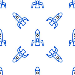 Poster - Line Rocket ship icon isolated seamless pattern on white background. Space travel. Colorful outline concept. Vector