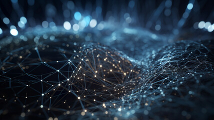 Data technology futuristic illustration. Wave of bright particles. Technological 3D landscape. Big data visualization. Network of dots connected by lines. Abstract digital background.