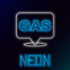 Wall Mural - Glowing neon line Location and petrol or gas station icon isolated on black background. Car fuel symbol. Gasoline pump. Colorful outline concept. Vector