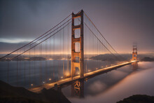 Fog And The Golden Gate Bridge, California. Generative AI