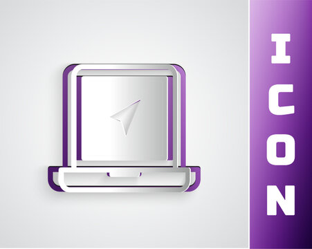 Paper cut Laptop with location marker icon isolated on grey background. Paper art style. Vector