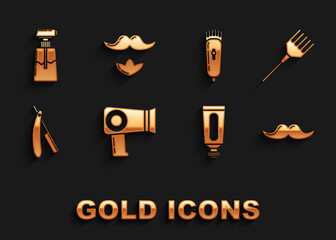 Sticker - Set Hair dryer, Hairbrush, Mustache, Cream or lotion cosmetic tube, Straight razor, Electrical hair clipper shaver, and and beard icon. Vector