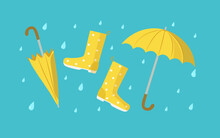 Set. Open Umbrella , Shoes, Rubber Boots And Closed Umbrella . Bright Umbrella And Raindrops. The Rainy Season.  Rainy Weather. Flat Style. Vector Illustration, Background Isolated. 