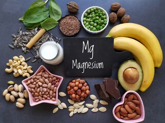 Wall Mural - Magnesium rich foods. Natural food sources of magnesium. Assortment of fresh fruit, vegetable, nuts and seeds high in magnesium. Banana, nuts, seeds, beans, avocado, milk, dark chocolate, spinach, etc