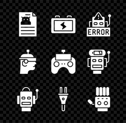 Poster - Set Technical specification, Battery, Error in robot, Robot, Electric plug, Mechanical hand, Smart glasses and Remote control icon. Vector