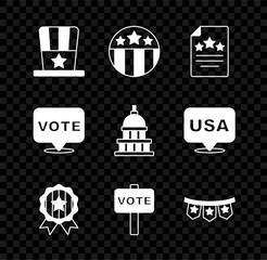 Wall Mural - Set Patriotic American top hat, Medal with star, Declaration of independence, Vote, Carnival garland flags, and White House icon. Vector