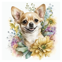 Chihuahua With Flowers In Watercolor And Pencil Style. Generative AI