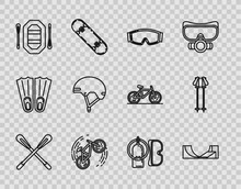 Set Line Crossed Paddle, Skate Park, Ski Goggles, Bicycle Trick, Rafting Boat, Helmet, Diving Mask And Aqualung And Poles Icon. Vector