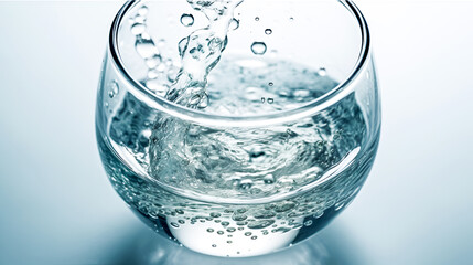 Close up glass of pouring crystal water with splash on light blue background. Organic pure natural water. Healthy refreshing drink. Generative ai