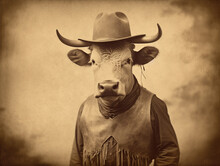 An Antique Photo Of A Cow Dressed Up As A Cowboy | Generative AI