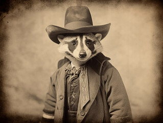 Wall Mural - An Antique Photo of a Badger Dressed Up as a Cowboy | Generative AI