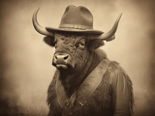Wall Mural - An Antique Photo of a Bison Dressed Up as a Cowboy | Generative AI