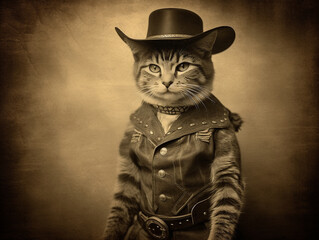 Wall Mural - An Antique Photo of a Cat Dressed Up as a Cowboy | Generative AI