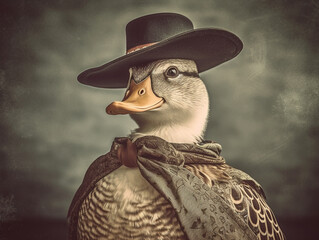 Wall Mural - An Antique Photo of a Duck Dressed Up as a Cowboy | Generative AI