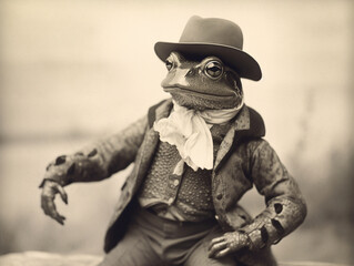 Wall Mural - An Antique Photo of a Frog Dressed Up as a Cowboy | Generative AI