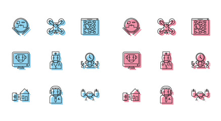 Poster - Set line Smart home, Worker robot, Robot vacuum cleaner, Drone flying with action camera, doctor, and digital time manager, Bot and icon. Vector