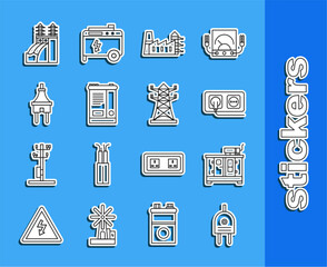 Poster - Set line Electric plug, Diesel power generator, Electrical outlet, Power station plant and factory, Car battery, Nuclear and High voltage pole line icon. Vector