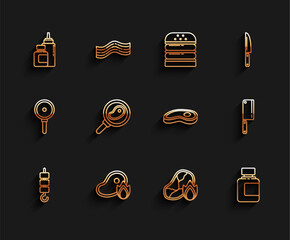 Sticker - Set line Grilled shish kebab on skewer stick, steak meat and fire flame, Sauce bottle, Steak in frying pan, Meat chopper and icon. Vector