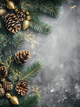 Christmas Decoration With Pine Cones And Gold Ornaments On A Grey Background. Generative AI