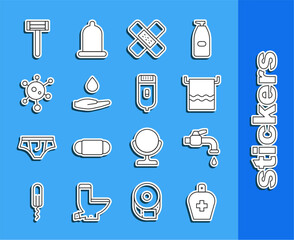 Sticker - Set line Bottle of liquid antibacterial soap, Water tap, Towel on hanger, Crossed bandage plaster, Washing hands with, Virus, Shaving razor and Electrical hair clipper shaver icon. Vector