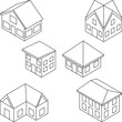 Isometric set of houses in outline.  Houses with different roofs in isometric view.