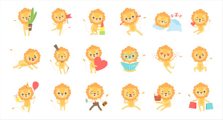 Poster - Cute Baby Lion Character with Mane Engaged in Different Activity Vector Set