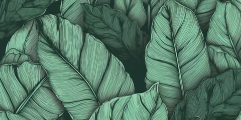 A hand-drawn illustration of green leaves forms a natural pattern, the pencil art lending an organic charm to the design. Doodle background of botanical texture. Beautiful garden print. Generative AI.