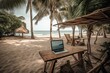 Laptop on wooden table and tent on tropical beach.Digital nomad and remote work concept.Generated AI