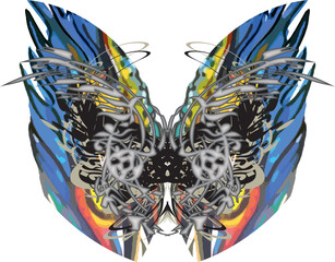 Beautiful colorful butterfly wings with an unusual pattern on white. Dangerous butterfly symbol for shield or sport emblems, posters, tattoos, fabrics, prints, fashion trends, graphics on vehicles 