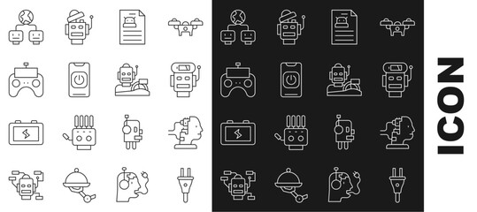 Poster - Set line Electric plug, Robot for maintenance, low battery charge, Technical specification, Turn off robot from phone, Remote control, Artificial intelligence and humanoid driving car icon. Vector