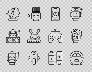 Sticker - Set line Robot, vacuum cleaner, Turn off robot from phone, for maintenance, Robotic arm factory, Battery and burned out icon. Vector