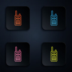 Sticker - Color neon line Walkie talkie icon isolated on black background. Portable radio transmitter icon. Radio transceiver sign. Set icons in square buttons. Vector