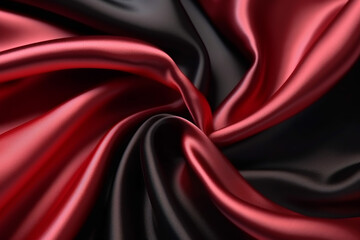 Black red silk satin. Beautiful soft folds. Shiny fabric. Dark luxury background with space for design. Christmas, Birthday, Valentine day, Valentine. Festive concept. Banner. Flat lay, Table top view
