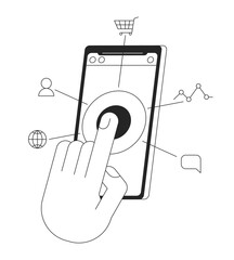 Poster - Reaching target audience on social media bw concept vector spot illustration. 2D cartoon flat line monochrome first view hand for web UI design. Mobile marketing editable isolated outline hero image