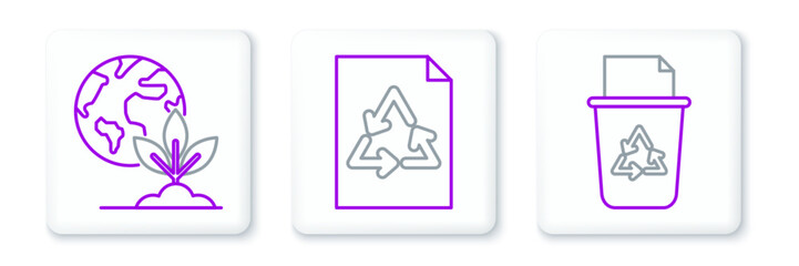 Sticker - Set line Recycle bin with recycle symbol, Earth globe and plant and Paper icon. Vector