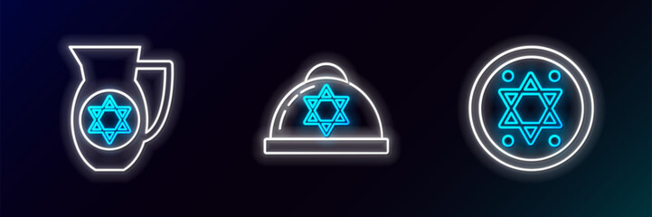 Sticker - Set line Jewish coin, Decanter with star of david and kippah icon. Glowing neon. Vector