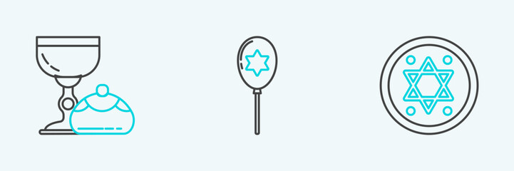 Poster - Set line Jewish coin, goblet and hanukkah sufganiyot and Balloons with ribbon with star of david icon. Vector