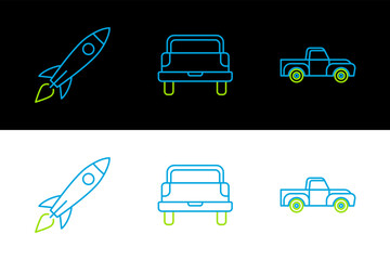 Poster - Set line Pickup truck, Rocket ship with fire and icon. Vector