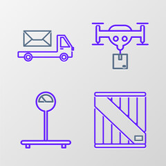 Poster - Set line Wooden box, Scale, Delivery drone with the package and Post truck icon. Vector